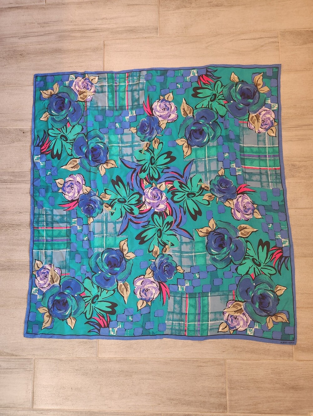Vintage Albert Nipon Scarf Green Blue Floral Plaid Roses Framed Square Giant